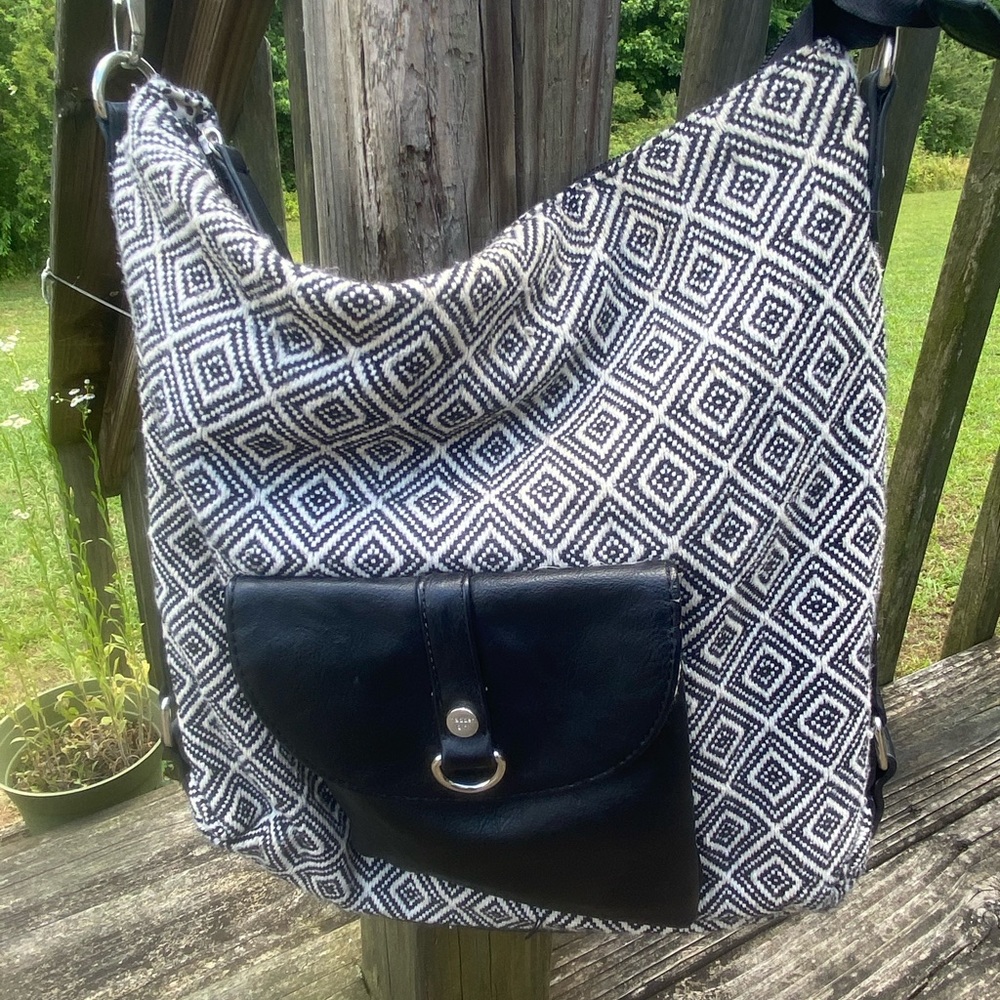 Madden Girl cotton purse black white geometric design faux patent leather strap